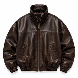 Chaqueta Bomber de Cuero Genuino Marrón para Hombre, Cuello Alto, Cierre de Cremallera, Estilo Casual de Otoño, Corte Regular - Product Image 5