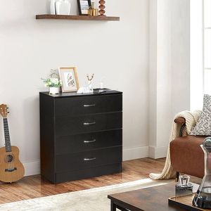Comodino PB Wood Simple a 4 cassetti, stile moderno, in legno massello e vetro con porte USB e presa di corrente, nero, per camera da letto - Product Image 3