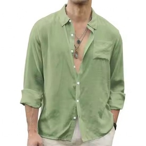 Chemise décontractée verte à manches longues pour homme, boutonnée, couleur unie, col rabattu, en tissu popeline respirant, idéale pour l'été - Product Image 3