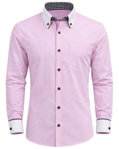 Chemise habillée rose ajustée pour homme, manches longues, boutonnée, col et poignets contrastants, formelle et décontractée, pour le bureau, en mélange de coton, OEM - Product Image 1
