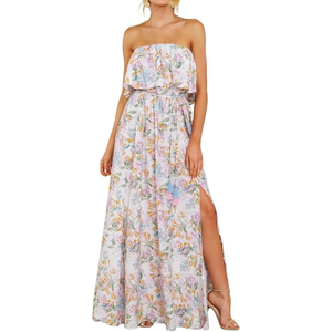 Robe longue maxi florale à épaules dénudées, à volants, fendue sur le côté, ton chaud, pour la plage, décontractée d'été, direct usine - Product Image 4