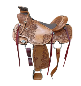 Sillín de caballo estilo Western Wade Tree de cuero tizón con grabado floral hecho a mano, asiento acolchado rígido y herrajes de acero inoxidable, para caballos de 10 a 18 pulgadas. - Product Image 1