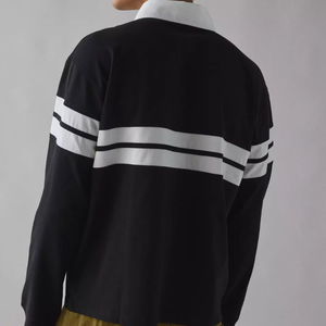Polo à manches longues en tricot pour homme, à blocs de couleur, rayé, décontracté, noir et blanc - Product Image 2