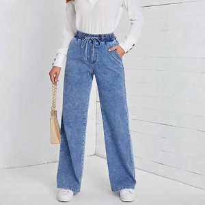 Pantalones vaqueros de mezclilla de cintura alta con cordones para mujer, a la moda, vintage, de pierna ancha y corte recto. - Product Image 2