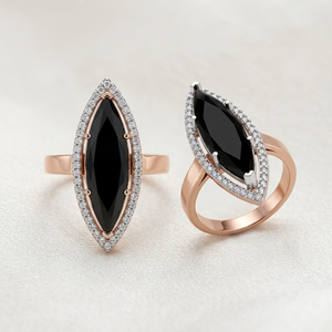 Bague de fiançailles Rizta Jewel en or 14 carats et argent 925, diamant noir naturel 3,5 carats, taille brillant rond de luxe, halo et longue marquise - Product Image 6