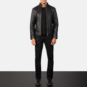 Custom <b>Mens</b> Black <b>Leather</b> <b>Jacket</b> Stand Collar Cafe Racer <b>Leather</b> <b>Jacket</b> Wholesale High Quality Genuine <b>Leather</b> Coat - Product Image 1