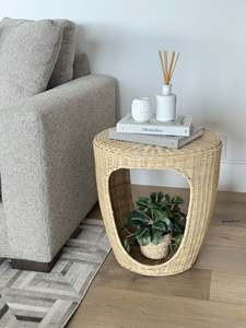 Handcrafted Rattan <b>Side</b> <b>Table</b> Natural Wicker Accent Furniture Sculptural Round End <b>Table</b> With Open <b>Storage</b> For Modern Home - Product Image 4