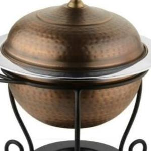 Recipiente para Calentar Comida Redondo de Cobre Martillado con Base y Tapa de Hierro Forjado para Buffet, Catering, Restaurante, Servicio de Comida Caliente - Product Image 5