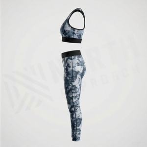 Conjunto de yoga de 2 piezas para mujer, top corto con espalda cruzada, leggings de cintura alta y largo completo, estampado de mármol azul - Product Image 3