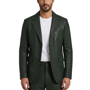 Conjunto de Traje de Cuero Verde Oscuro para Hombre, Dos Piezas, Blazer de Solapa con Muescas y Pantalones de Cierre de un Solo Botón - Product Image 6