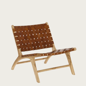 Fauteuil lounge moderne en teck écologique avec design tressé en cuir véritable pour salon, extérieur et hôtel - Product Image 2