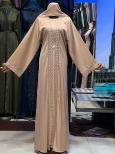 2026 New V Neck Long Sleeve Floor Length Modest Polyester Handmade <b>Flared</b> Hem Abaya Beaded Detail Women's Traditional Muslim - Product Image 1