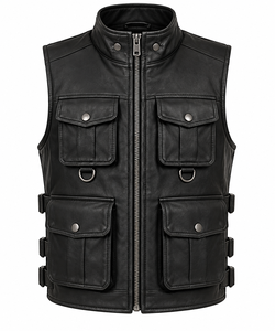 <b>Men's</b> <b>Black</b> Polyester Moto <b>Vest</b> Stand Collar Zipper Closure Multi Pockets Casual Outerwear Plus Size Regular Fit Solid Color - Product Image 1