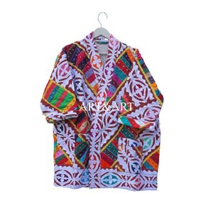 Robe Kimono Courte Bohème en Coton Brodé Fait Main Indien pour Femme – Élégante Tenue de Plage et de Nuit, Col en V, Longueur Genou, Manches Longues, Ceinture - Product Image 6