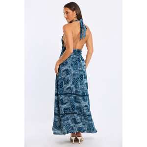 Vestido largo estampado con cuello halter para mujer, sin mangas, con escote en V profundo, vestido largo de playa para verano - Product Image 4