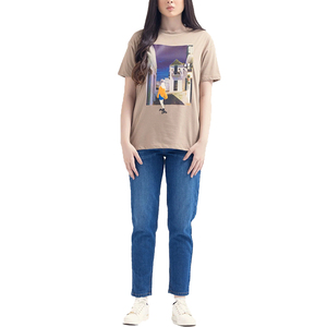 Camiseta de Manga Corta con Cuello Redondo para Mujer, Color Beige, Estampado Digital, Informal, 100% Algodón Jersey, Transpirable, Corte Regular, Primavera Verano - Product Image 6