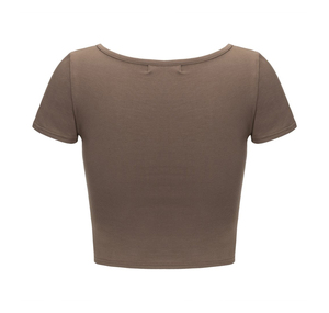 Women's Solid Color <b>Crop</b> <b>Top</b> O-Neck Short <b>Sleeve</b> Knitted Slim Fit Casual T-Shirt All Seasons Style - Product Image 1