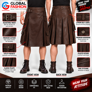 Kilt en cuir véritable pour homme, noir uni, coupe classique, style européen, style écossais - Product Image 5