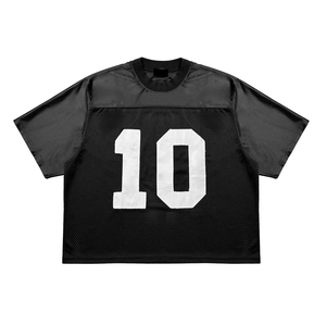 เสื้อยืดสตรีทแวร์สกรีนลายฟุตบอลทรงบ็อกซี่ผ้าตาข่ายสีดำ แขนเสื้อแบบดรอปโชว์เดอร์ เสื้อทีมสีดำ เสื้อยืดตาข่ายสีดำ - Product Image 1