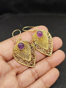 Export Brass Gemstone Drop <b>Earrings</b> Bulk Handcrafted Gold Plated Finish Amethyst Pattern Bezel - Product Image 3