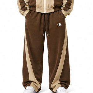 Ensemble de survêtement de luxe en molleton épais French Terry, comprenant une veste zippée à col montant et blocs de couleur style raglan, un sweat à capuche oversize et un pantalon à jambes larges, personnalisable. - Product Image 4