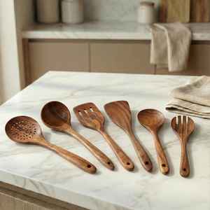 Ensemble d'ustensiles de cuisine en bois avec support, outils de cuisson rustiques faits à la main, cuillères et spatules en bois écologiques - Product Image 1