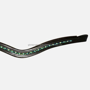 Black & Havana English Saddle cuero caballo ceja banda canal vacío incrustaciones verde redondo pequeños cristales mega Bling cadena - Product Image 3