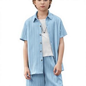 ชุดเสื้อเชิ้ตและกางเกงขาสั้นลายปุ่มสำหรับเด็กผู้ชาย 2 ชิ้น ชุดชายหาดฤดูร้อนสำหรับเด็กอายุ 5~12 ปี - Product Image 3