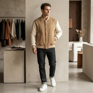 Veste en laine mélangée pour homme, style preppy, logo brodé, col rabattu, coupe classique, vêtement d'automne - Product Image 3