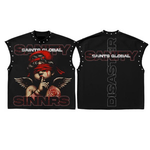 Camiseta sin mangas de algodón grueso con estampado gráfico DTG negro, logotipo personalizado, chaleco 100% algodón para hombre, corte holgado, estampada. - Product Image 6