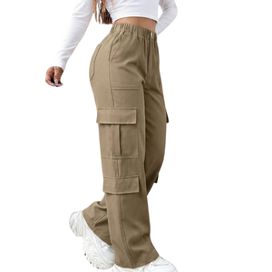 Pantalones Cargo de Pierna Ancha para Mujer, Cintura Alta Elástica, Ajuste Holgado, Pierna Recta, Multibolsillos, Utilitarios, para Uso Casual y al Aire Libre - Product Image 2