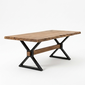 Mesa de Comedor de Madera Maciza de Suar con Borde Natural, Patas de Metal Negro con Base Cruzada, Muebles de Cocina Rústicos Industriales, Losa Natural - Product Image 1