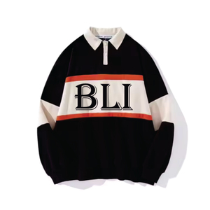 Polo de Manga Larga para Hombre, Blanco con Rayas Negras, Logotipo BLI, Diseño Casual de Punto de Algodón con Estampado Frontal - Product Image 3