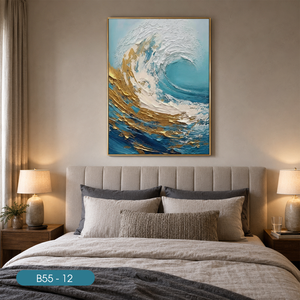 Peinture murale en soie de luxe très vendue, décoration intérieure, tissu en soie fait main, motif vague océanique or et blanc, modèle OEM ODM Vietnam - Product Image 2