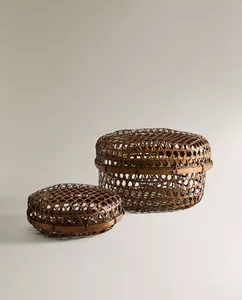 Panier en bambou tissé à la main, conteneurs de rangement ronds avec couvercle, organisateur de cuisine, boîte alimentaire écologique avec compartiments, accessoires pour la maison - Product Image 3