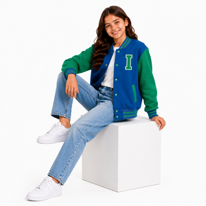 B.B INDUSTRY Teal White Letter B Embroidery Denim Varsity Jacket Preppy Style Turn-down Collar <b>Covered</b> <b>Button</b> Closure Regular - Product Image 1