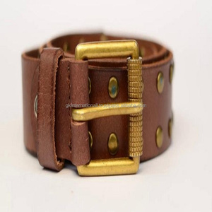 Ceinture rivetée en laiton robuste de couleur beige avec boucle à rouleau design durable ceinture décontractée en cuir pour hommes sur mesure - Product Image 1