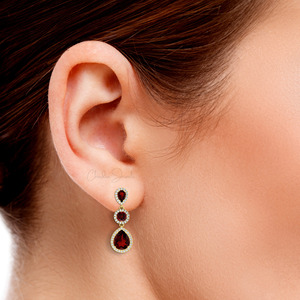 Handmade 14k Solid Gold <b>Earrings</b> Natural 10x8mm Pear Cut Red Garnet Halo <b>Earrings</b> with Diamond Accent Cocktail Jewelry for Women - Product Image 5