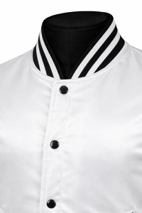 Veste universitaire blanche pour homme avec bordure noire, col rabattu, coupe classique, polyester, vêtement décontracté pour l'automne - Product Image 5