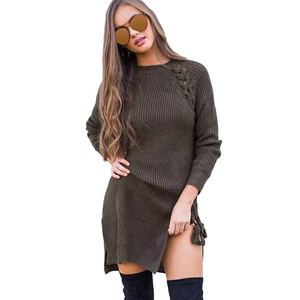 <b>Woolen</b> Knitted Sweater <b>Dress</b> Crew Neck Long Sleeve Lace Up Bow Midi Pullover - Product Image 4