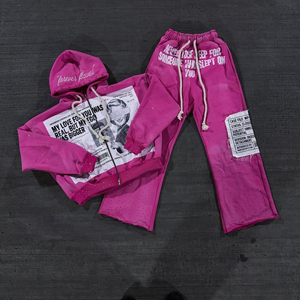 Survêtement unisexe personnalisé de qualité, style streetwear, effet vieilli, avec cordon de serrage, respirant, coupe ample, broderie appliquée et strass, à capuche - Product Image 4