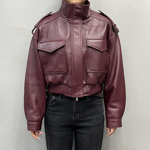 Women's Cropped Nappa Leather Bomber <b>Jacket</b> with Stand Collar Genuine Pebbled Leather <b>Gothic</b> Winter Style Custom Branding - Product Image 2