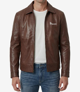 Moter <b>Bike</b> Bomber Jacket Men's Brown Leather Stand Collar Zipper Closure Front Logo Casual Winter Wear 300g Spandex Lining - Product Image 1