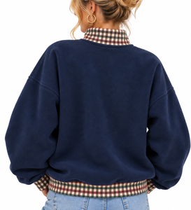 Sweat-shirt personnalisé pour femme, col montant, surdimensionné, à carreaux, patchwork, lettres, pois, broderie, en molleton de coton - Product Image 3