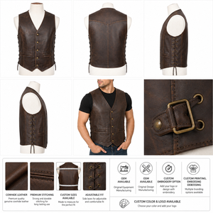 Chaleco de Cuero Occidental Personalizado para Hombre al por Mayor con Panel Bordado y Cierre de Cremallera, Sin Mangas, Estilo Casual de Verano - Product Image 4