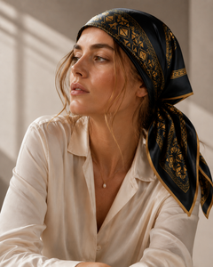 Black Gold Geometric Silk Scarf Oversized Shawl Wrap Headwrap Fringe Border Fashion Accessory for Women - Product Image 4