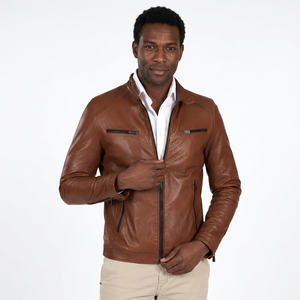 Veste en cuir marron pour homme, col montant, fermeture éclair, coupe ajustée, style automne - Product Image 6