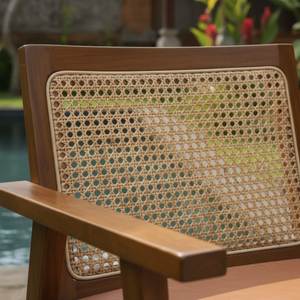 Fauteuil de salon d'extérieur en rotin et teck avec coussin, dossier tressé, pour patio, villa, bord de piscine - Product Image 3