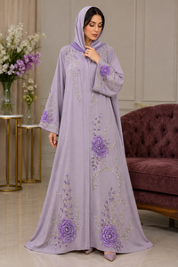 Abaya ample brodée florale violette à capuche, robe modeste à manches longues, longueur cheville, ourlet droit, tenue formelle musulmane pour femme - Product Image 1