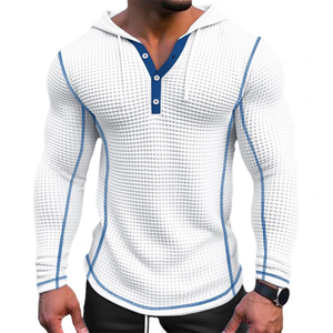 Sudadera con capucha de algodón Waffle ajustada para hombre con estilo, Sudadera larga transpirable con cierre de botón, tela de Waffle de moda - Product Image 1